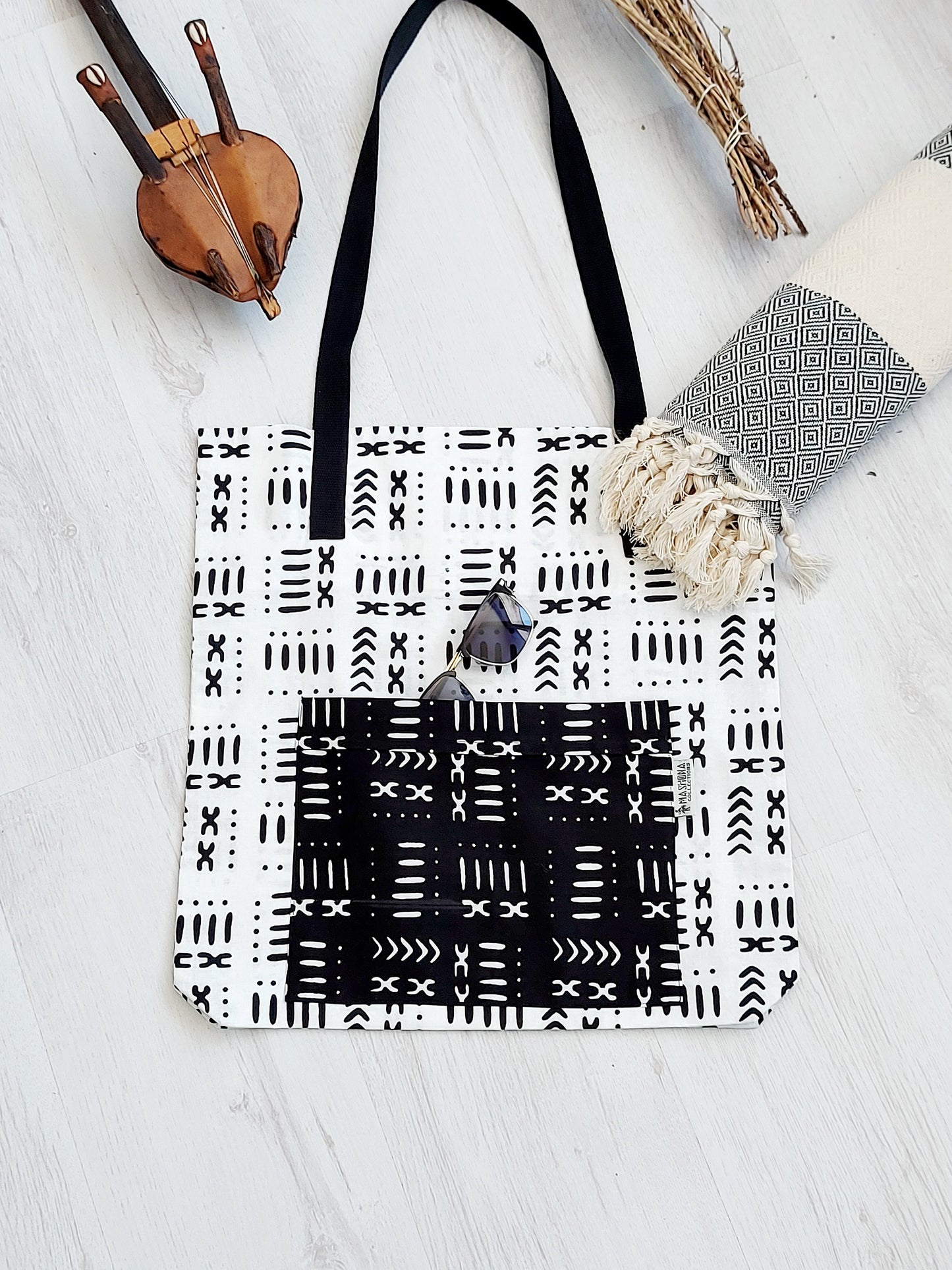Handmade African Print Tote Bag | Beach Bag | Shopping Bag | Mudcloth Print