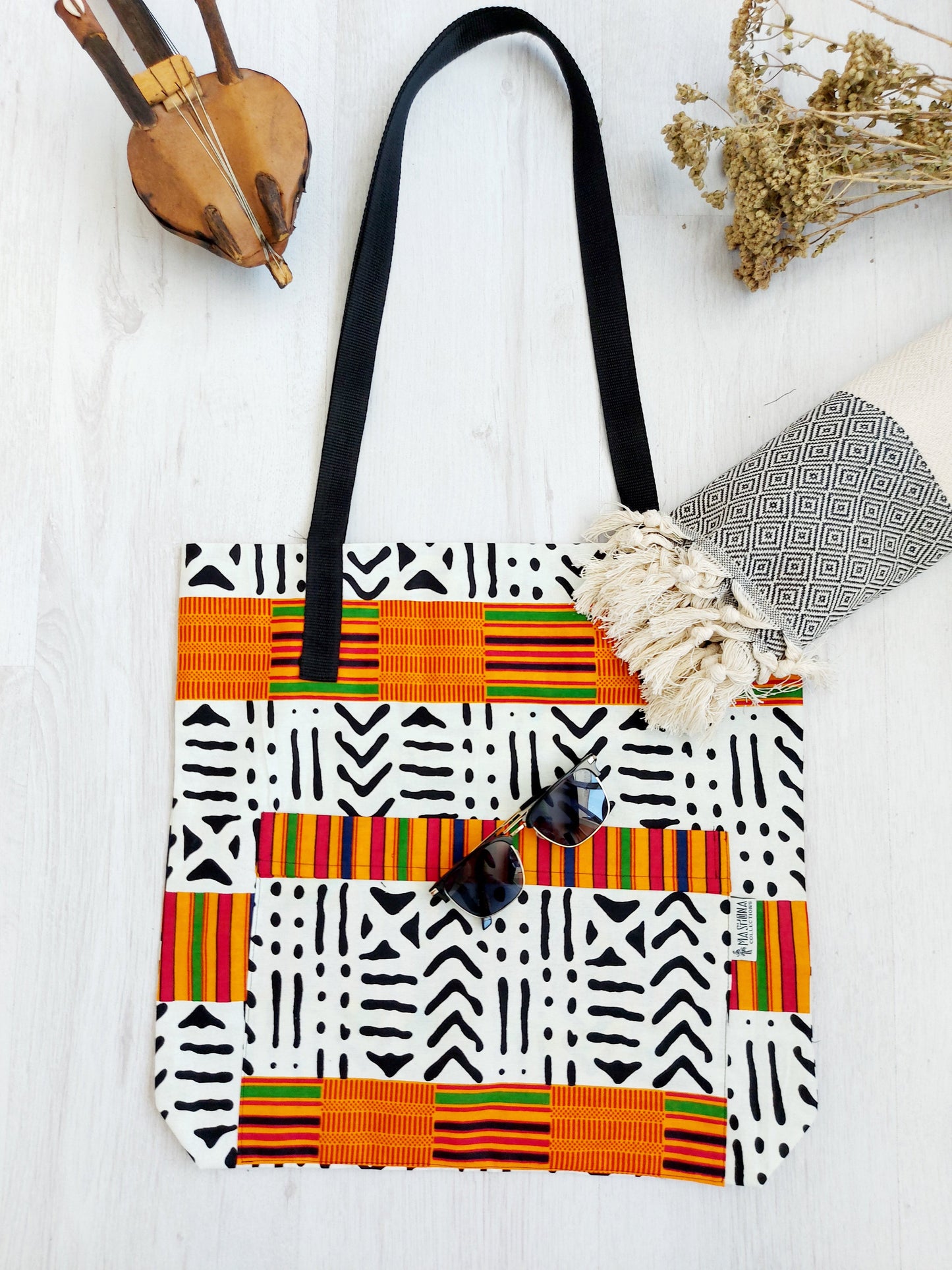 Handmade African Print Tote Bag | Beach Bag | Shopping Bag | Mudcloth Print