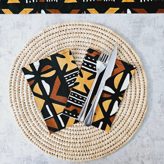 Set of 4 / 8 Napkins | 40x40cm | Black Mudcloth Print, Ankara Wax, 100% Cotton