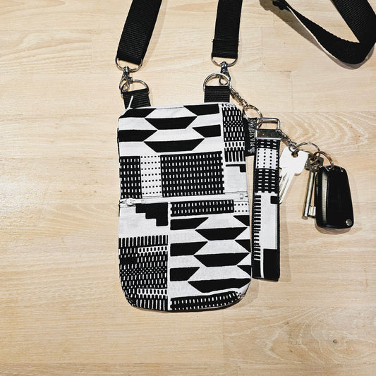Handmade Phone Bag and Keyfob Set | African Ankara Print Fabric | Vegan Leather Detail | Adjustable Shoulder Strap