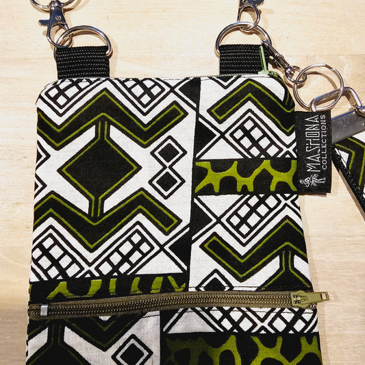 Handmade Phone Bag and Keyfob Set | African Ankara Print Fabric | Vegan Leather Detail | Adjustable Shoulder Strap