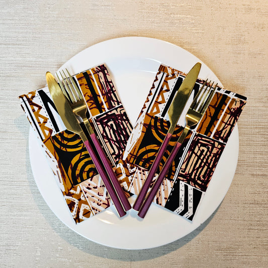 Set of 4 | 8 Napkins | 40x40cm | Black Mudcloth Print, Ankara Wax, 100% Cotton