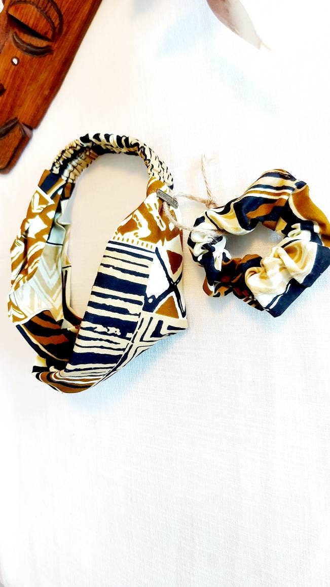 Ethnic Geometric Print Turban Headband and scrunchie set