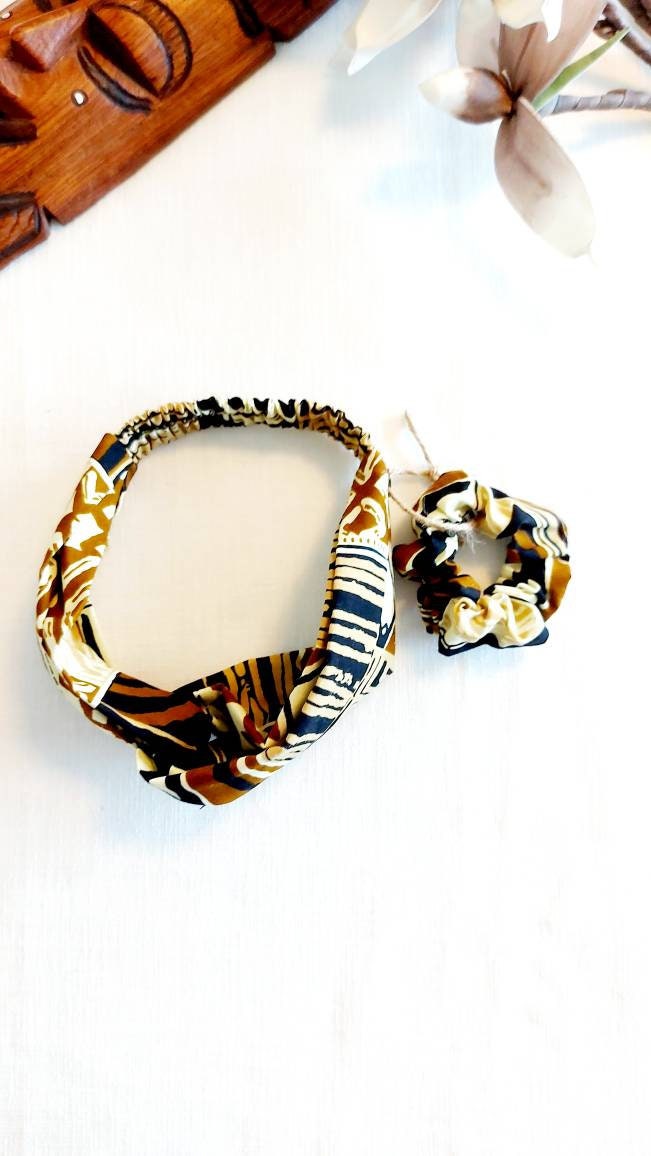 Ethnic Geometric Print Turban Headband and scrunchie set